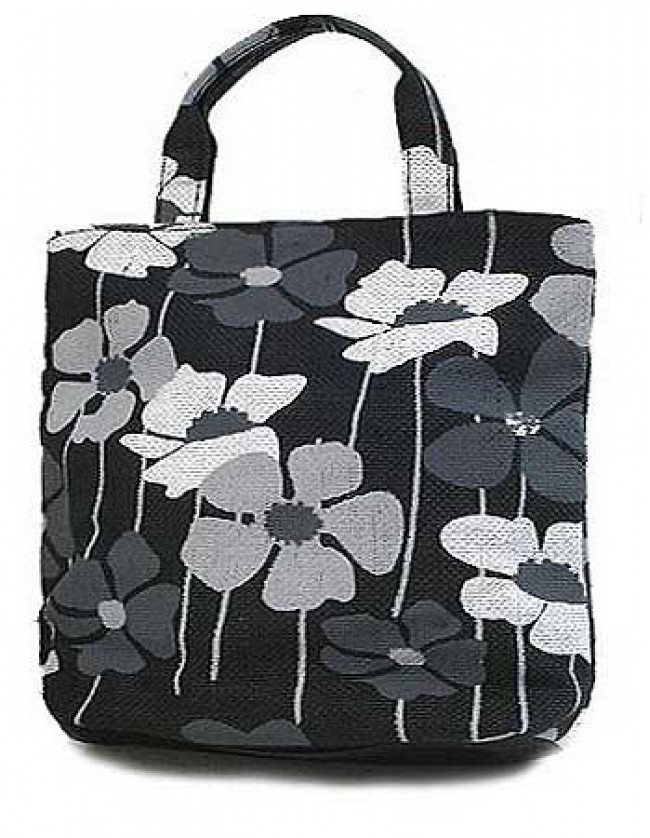 Black - White Floral Print Paper Straw Tote - BG-ST825BK